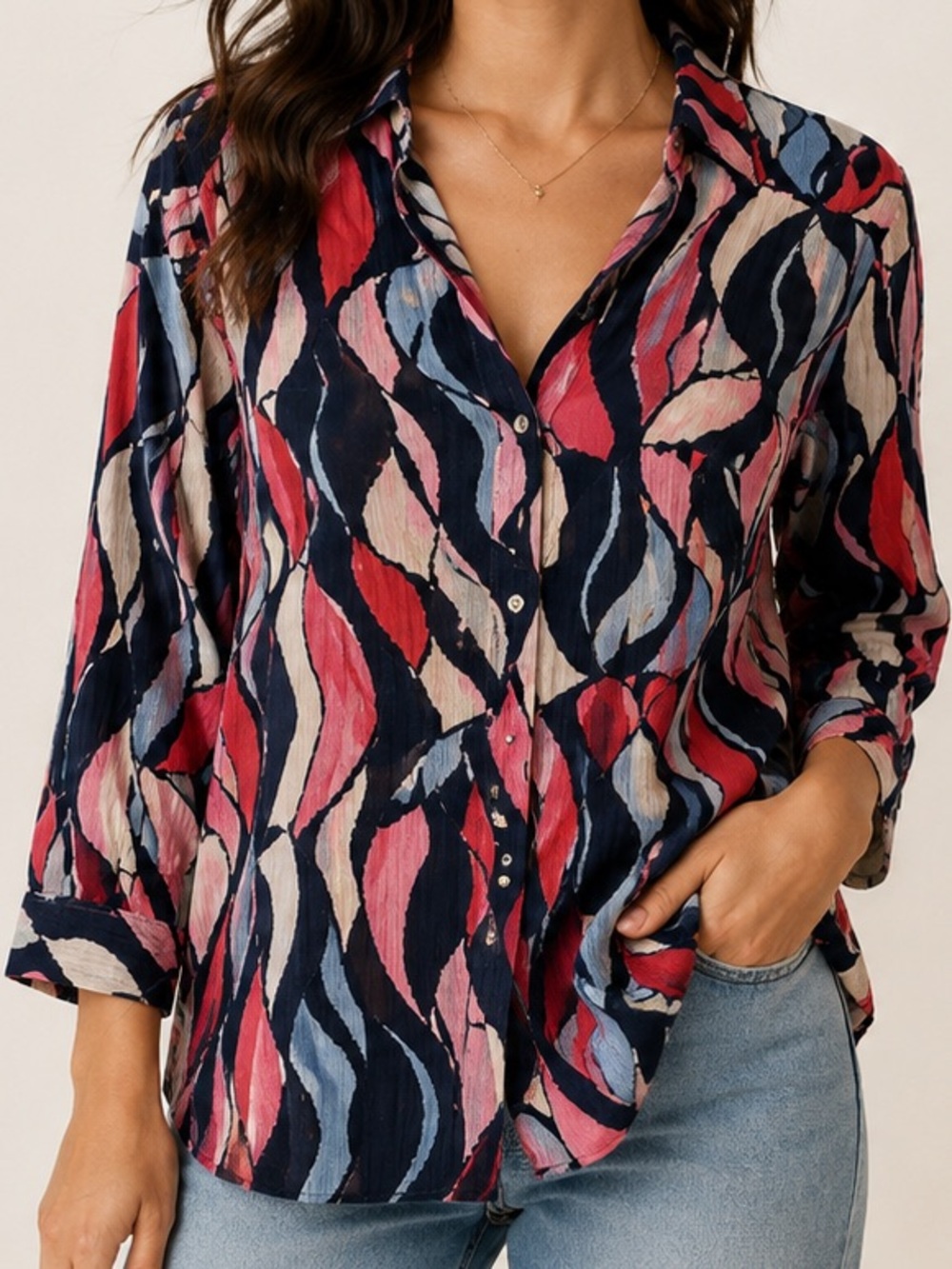 NIC+ZOE Large 100% Cotton Crinkle Tunic Top Abstract Print Button Front